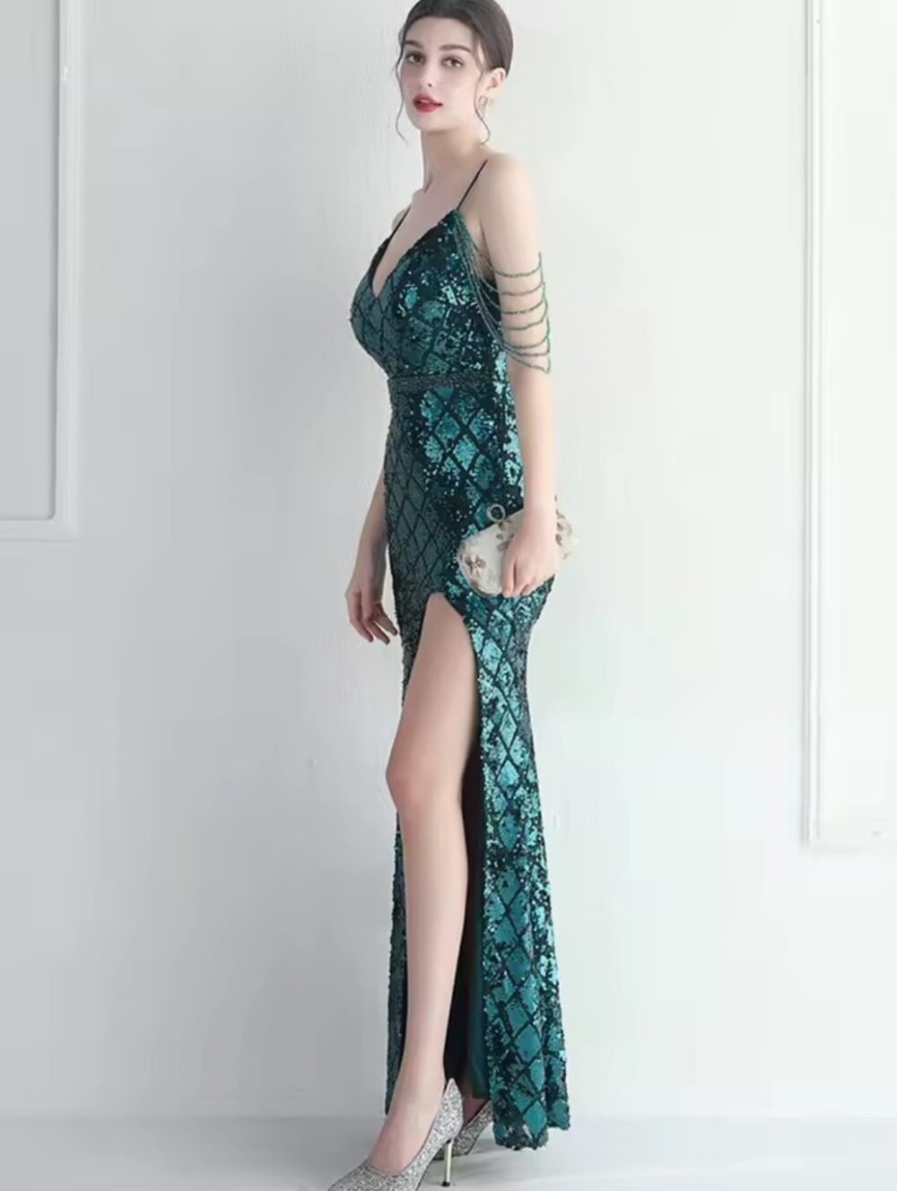 Emerald Sequin V-Neck Evening Gown with Thigh Slit - Picture 5 of 15